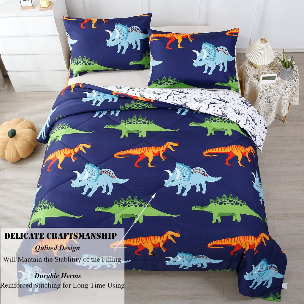 3 Pcs Dinosaur Twin Size Bedding Sets for Boys, Dinosaur Printing Boys Comforter Set, Blue and White Reversible Bed C... - Image 2
