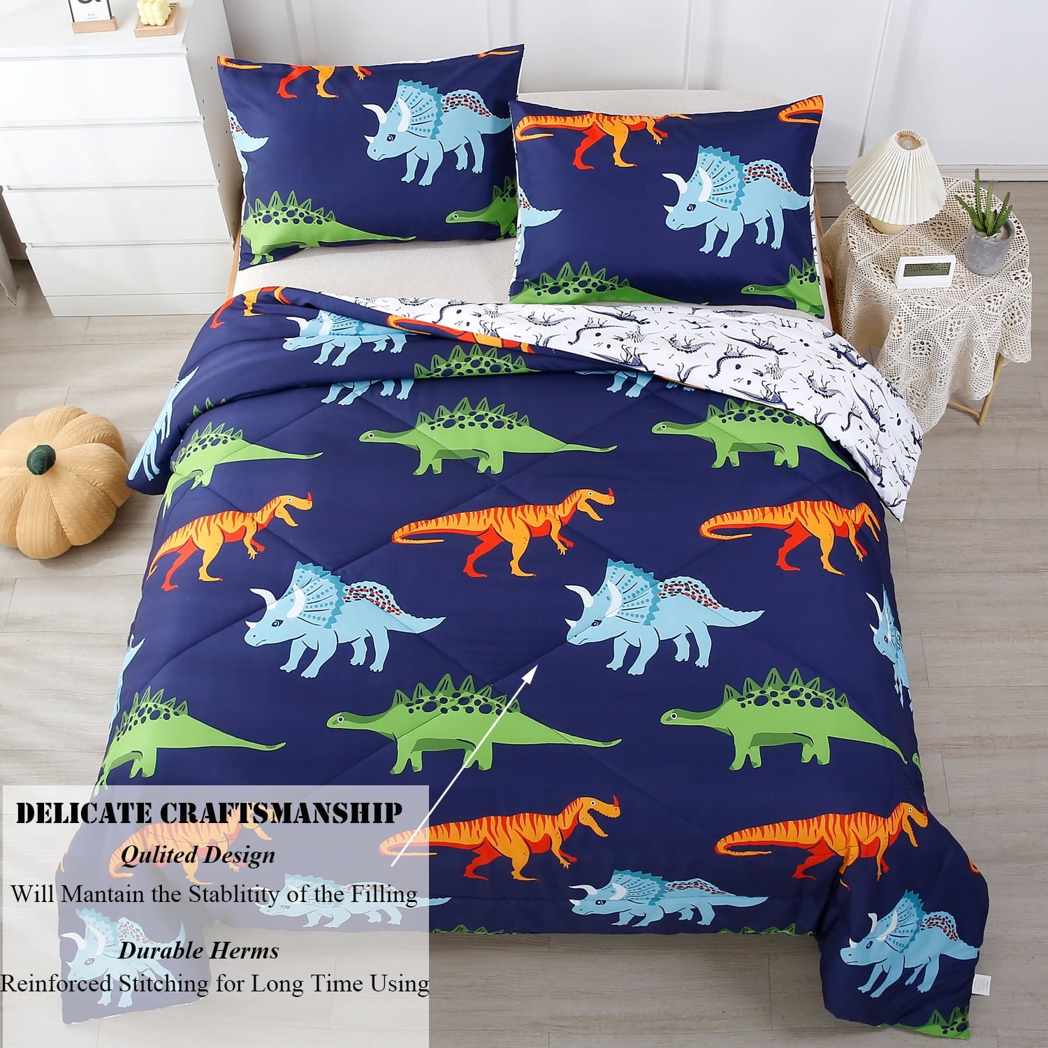 3 Pcs Dinosaur Twin Size Bedding Sets for Boys, Dinosaur Printing Boys Comforter Set, Blue and White Reversible Bed C... - Image 2