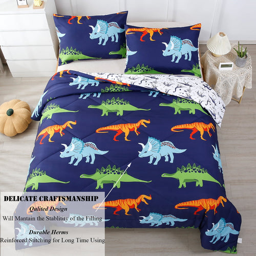 3 Pcs Dinosaur Twin Size Bedding Sets for Boys, Dinosaur Printing Boys Comforter Set, Blue and White Reversible Bed C... - Image 2