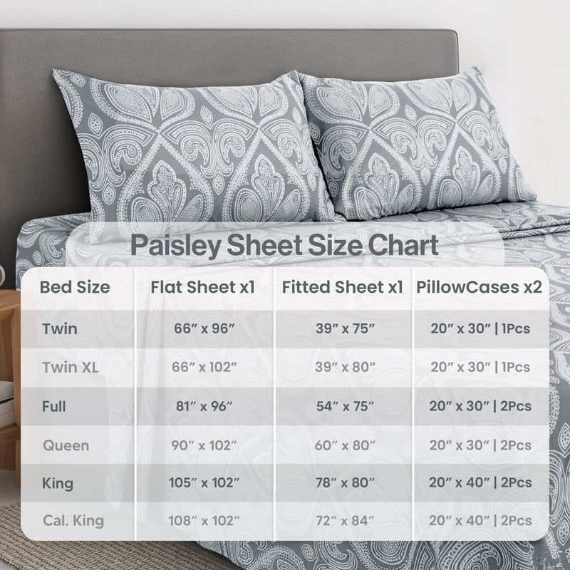 Lux Decor 4 Piece Queen Sheet Set, Brushed Microfiber Paisley Printed Bed Sheet Set with up to 16" Deep Pocket Fitted Sheet, Flat Sheet & 2 - Image 6