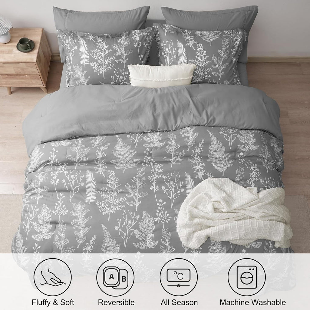 7 Pieces Printed King Comforter Set, Lightweight Reversible Botanical Bedding Set Include Comforter, Pillow Shams, Fl... - Image 2