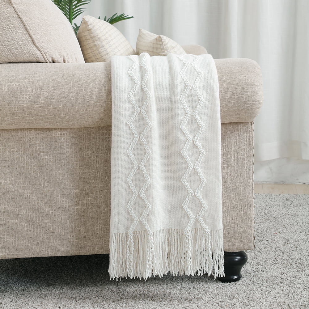 Fluffy Chenille Knitted Fringe Throw Blanket, Lightweight Soft Cozy Bed Sofa Chair Blanket, White, 50" x 60" - Image 6