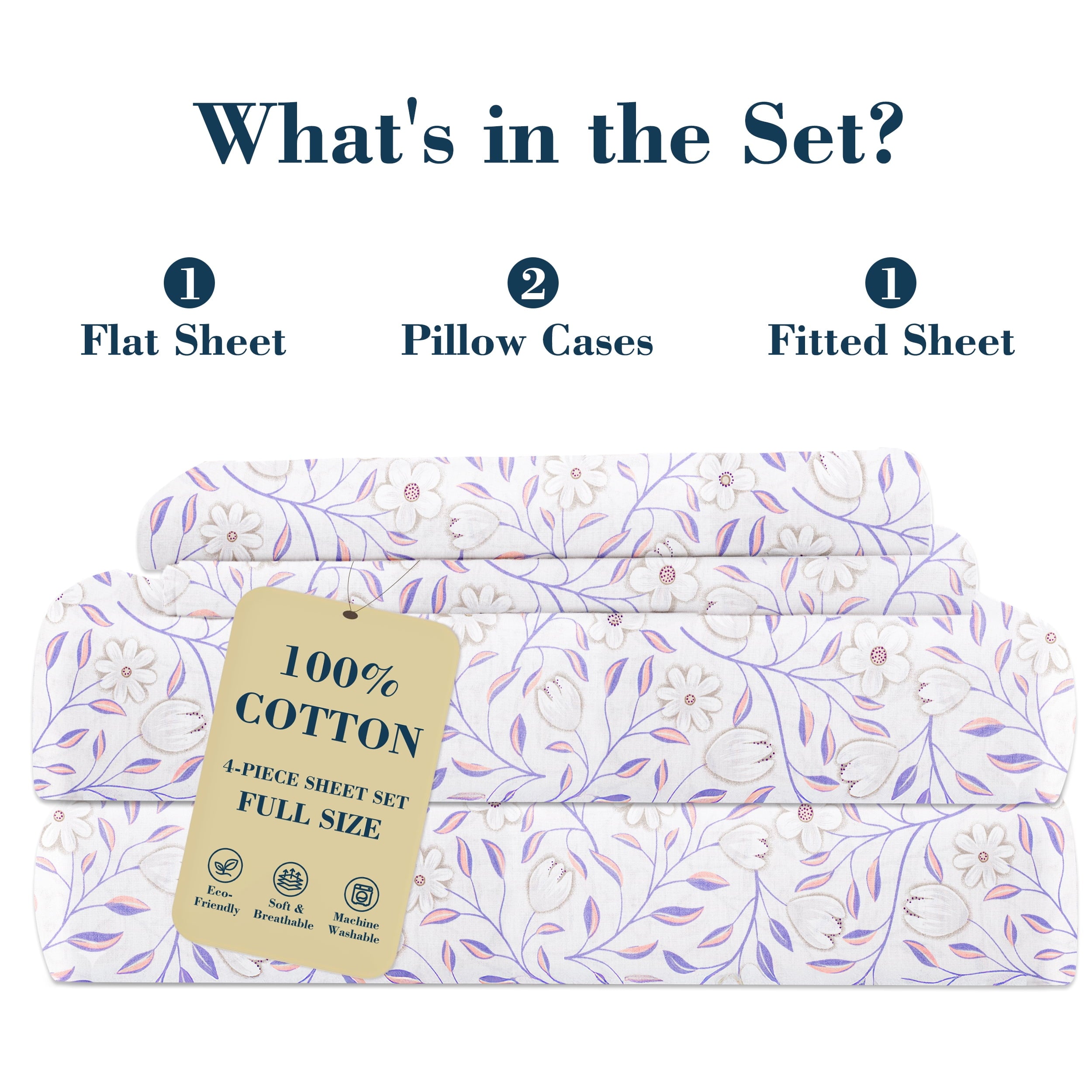 100% Cotton Full Size Sheets,4 Piece Pure Percale Bed Sheets Set Deep Pocket Fits Mattress Upto 15",floral vine pattern - Image 4