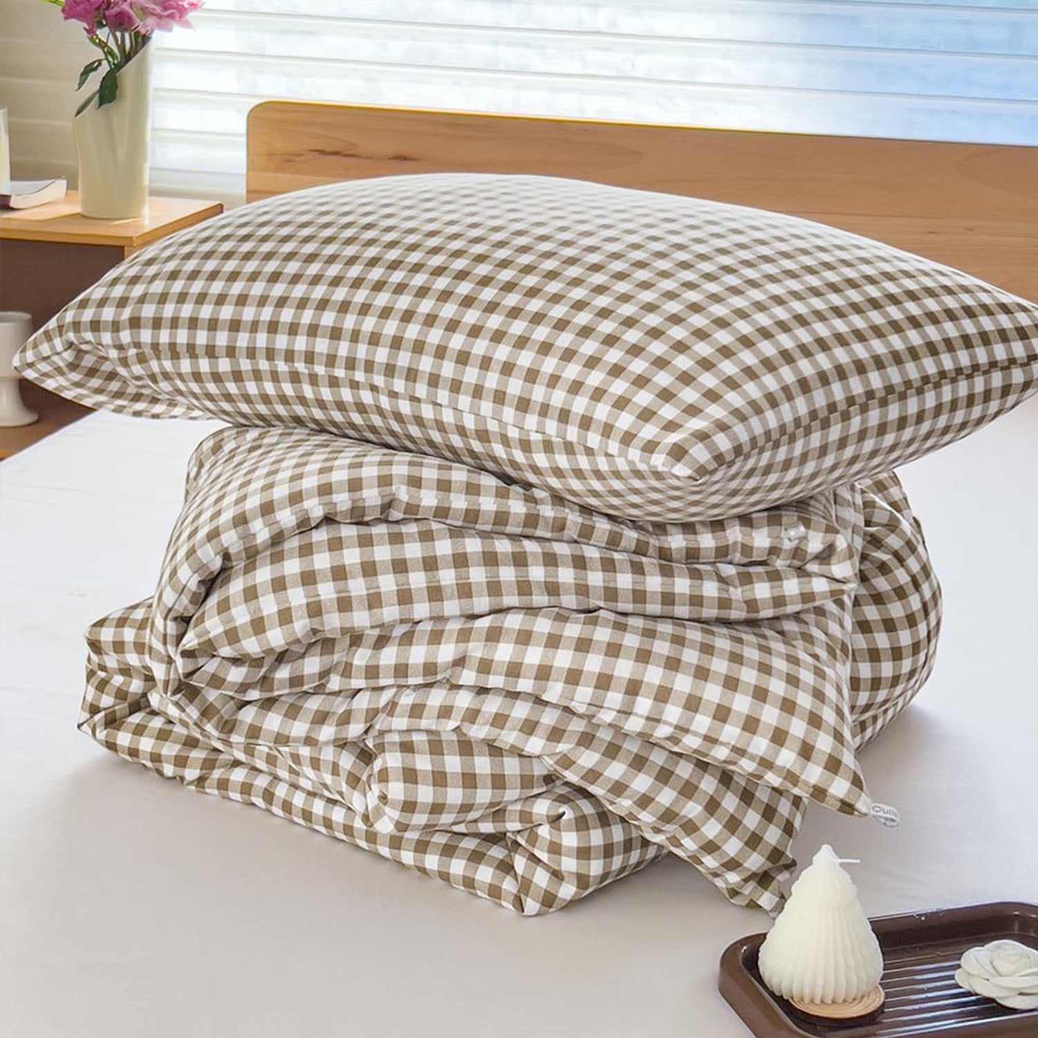 Tan Gingham Queen Comforter Set, Taupe Plaid Bedding Set, Checked Bed Comforter 3 Pieces(Tan Gingham, Queen) - Image 2