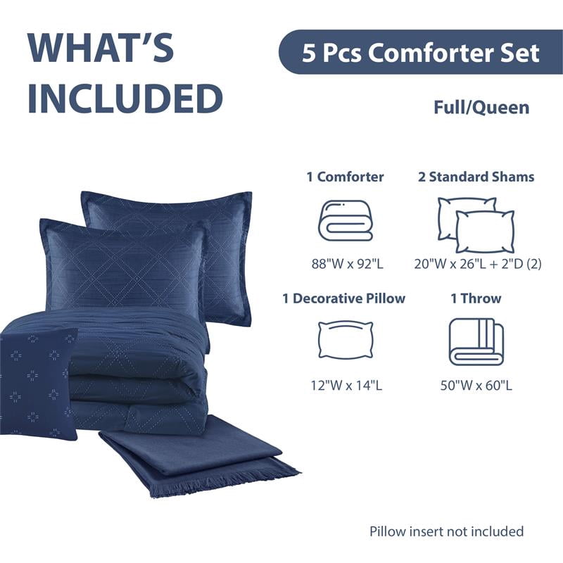 Mainstays 5-Piece Reversible Comforter Set Navy Cross Stitch Bedding with Decor Pillow and Throw, Full/Queen - Image 4