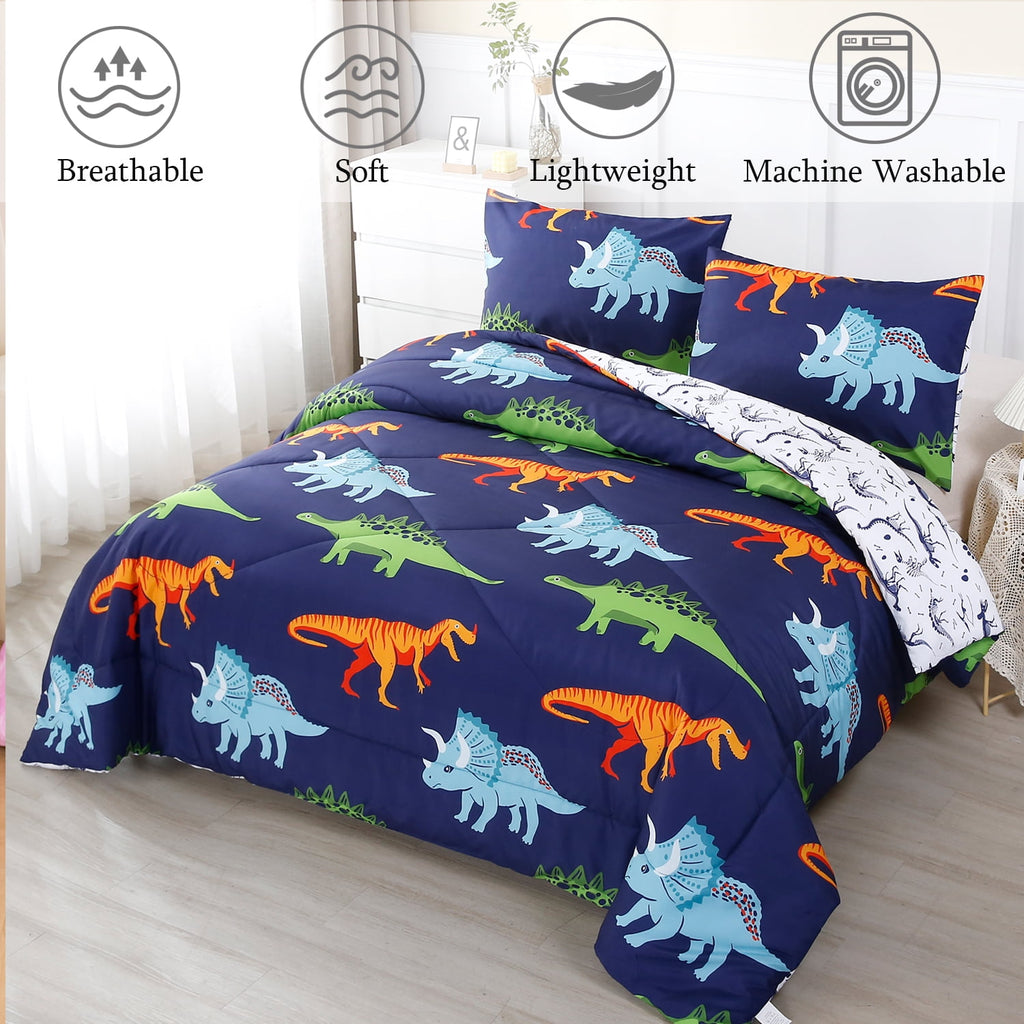 3 Pcs Dinosaur Twin Size Bedding Sets for Boys, Dinosaur Printing Boys Comforter Set, Blue and White Reversible Bed C... - Image 3