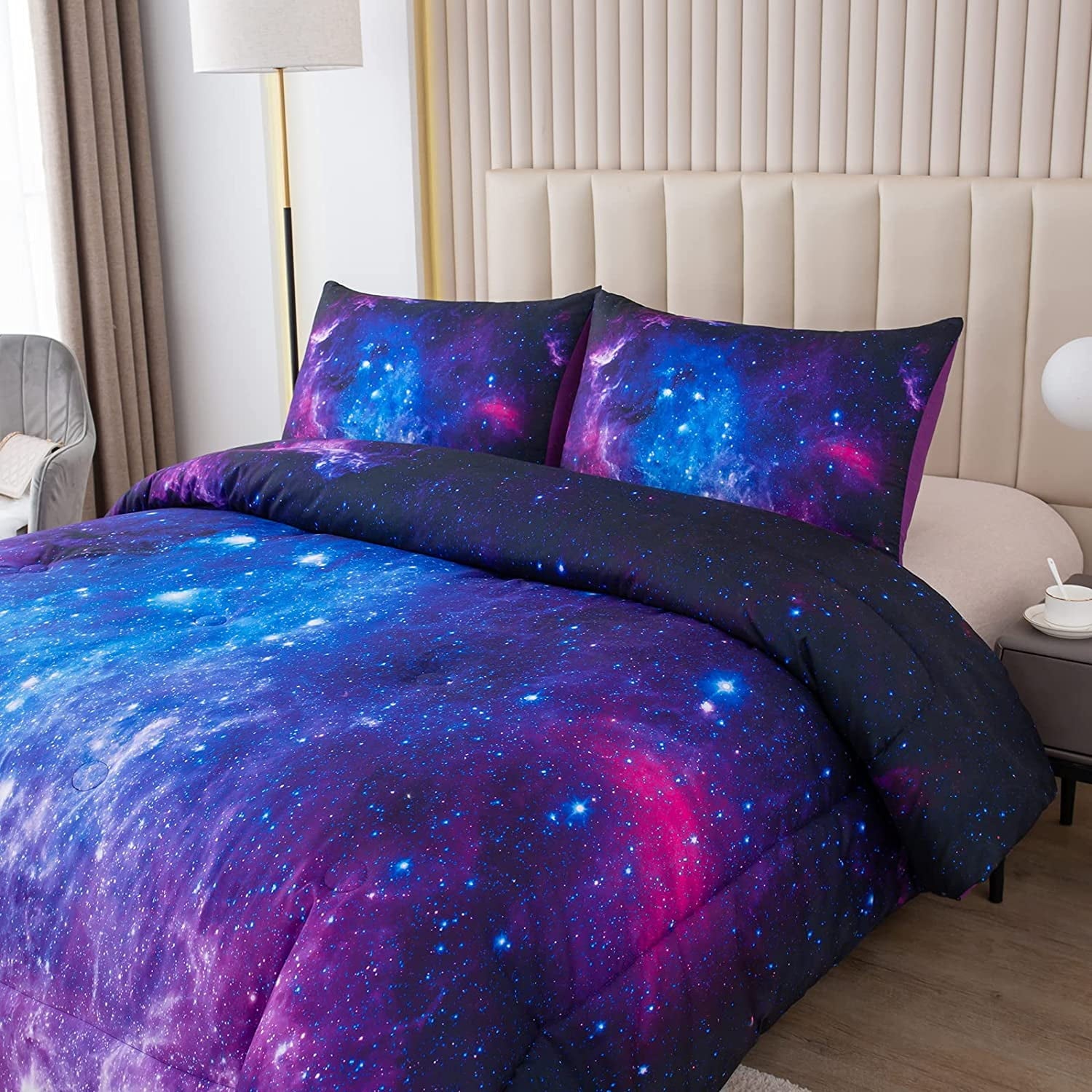 Galaxy Comforter Set Outer Space Purple Starry Sky Night Pattern Bedding Set for Girls Boys Kids Teens Twin Size with... - Image 2