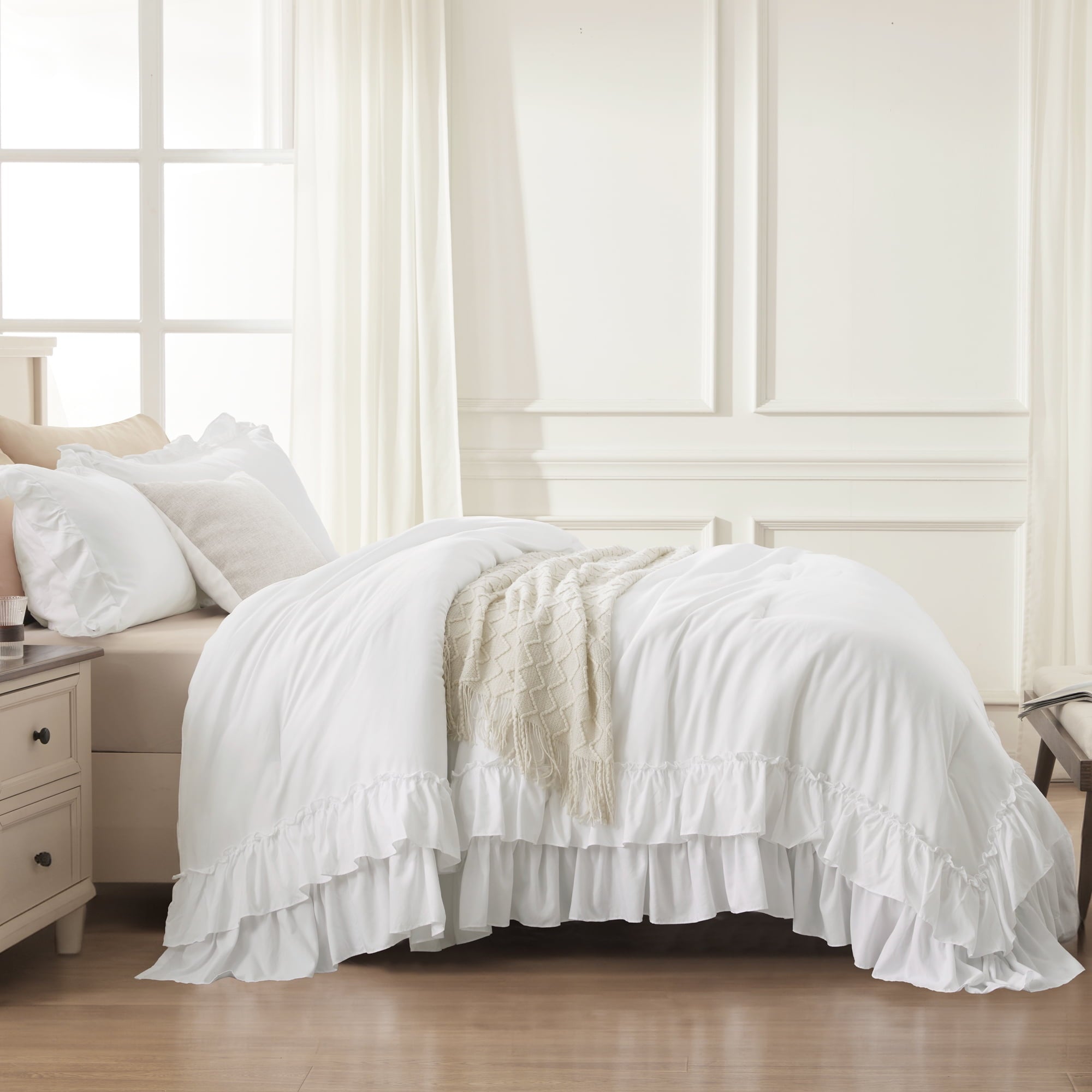Queen Comforter Set White - 3 Pieces Soft Fluffy Ruffle Bedding Comforter Sets for Queen Bed, All Season Farmhouse Li... - Image 4
