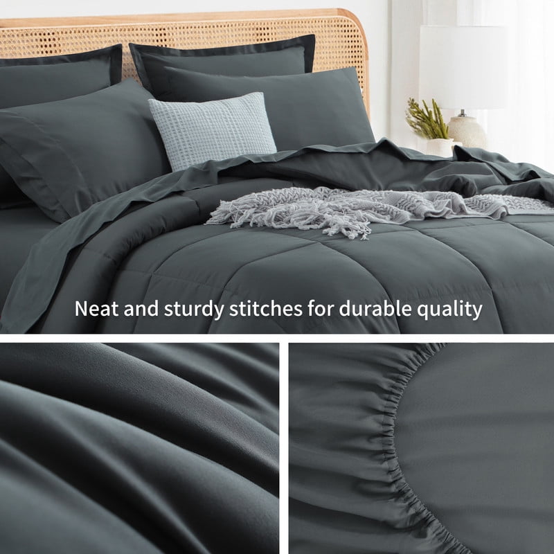 7 Pieces Comforter Set with Sheets - Bed in a Bag with Comforter and All Season Sheets, Pillowcases,Dark Gray,Queen - Image 5