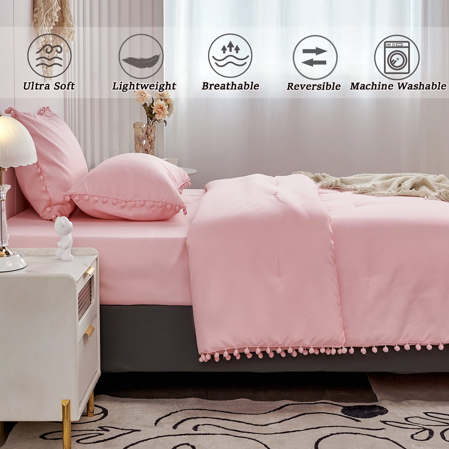 Pink Full Size Comforter Set Pom Fringe 3 Pcs Boho Chic Cute Ball Pom Blush Bedding Set Cali Soft Lightweight Solid B... - Image 6