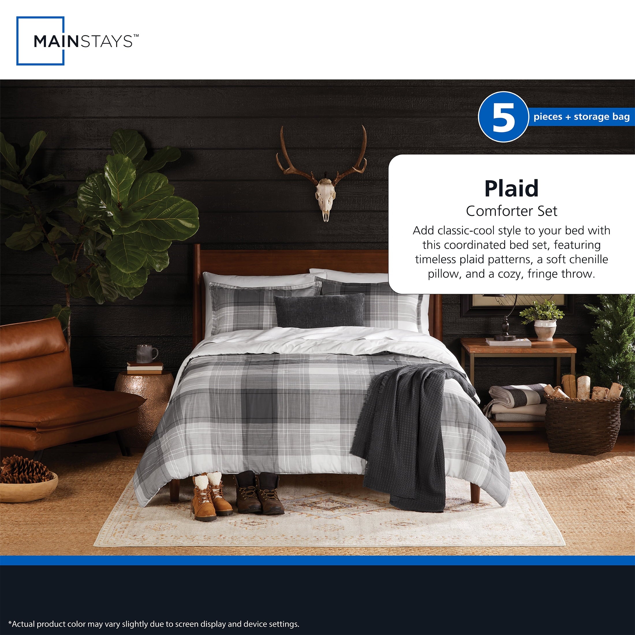 Full/Queen Comforter Set, All-Season, 5-Piece, Grey Plaid - Image 6