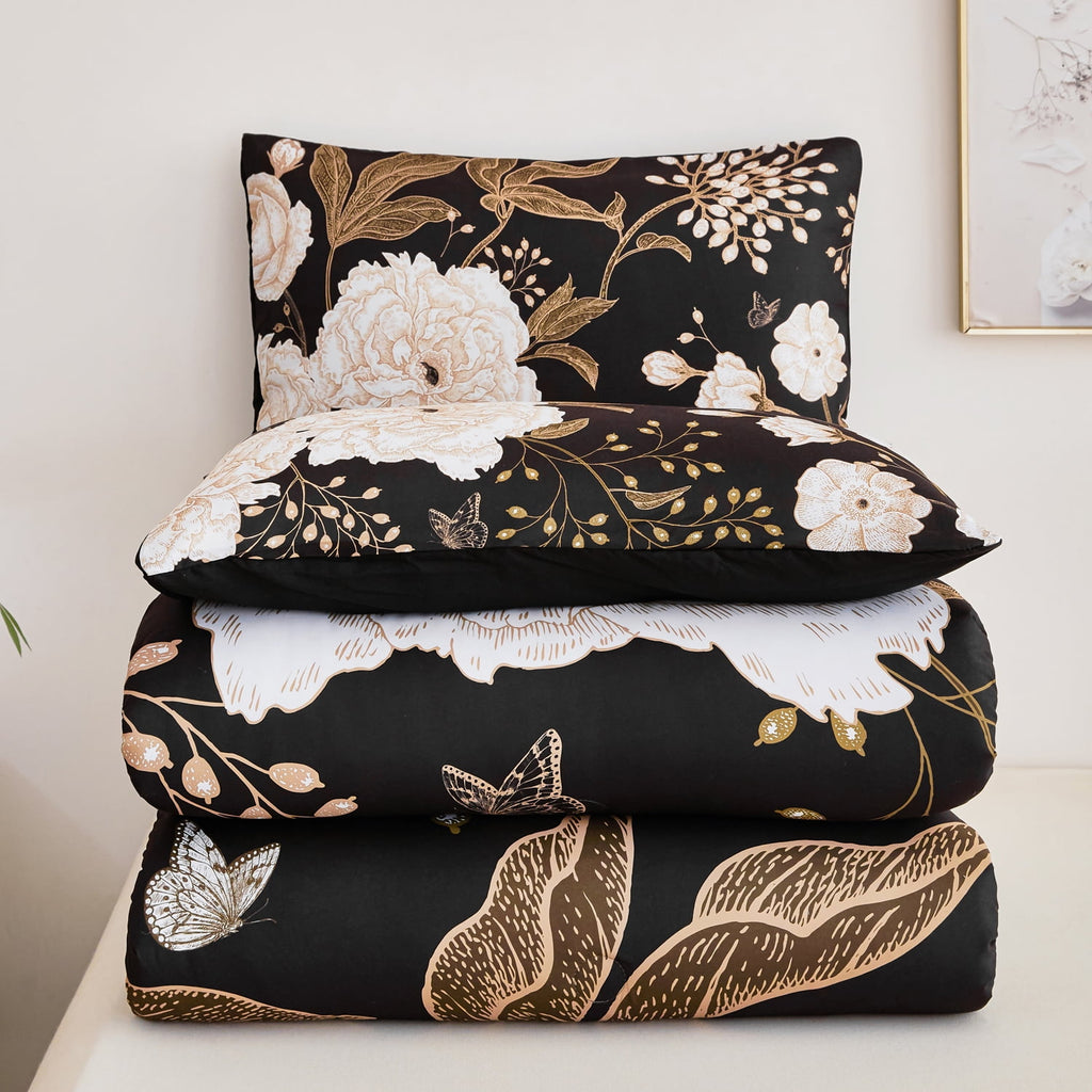 Black Floral Comforter Set Queen, Printed Comforter White Flowers Butterfly Bedding Set, 3 Pieces Botanical Reversibl... - Image 5