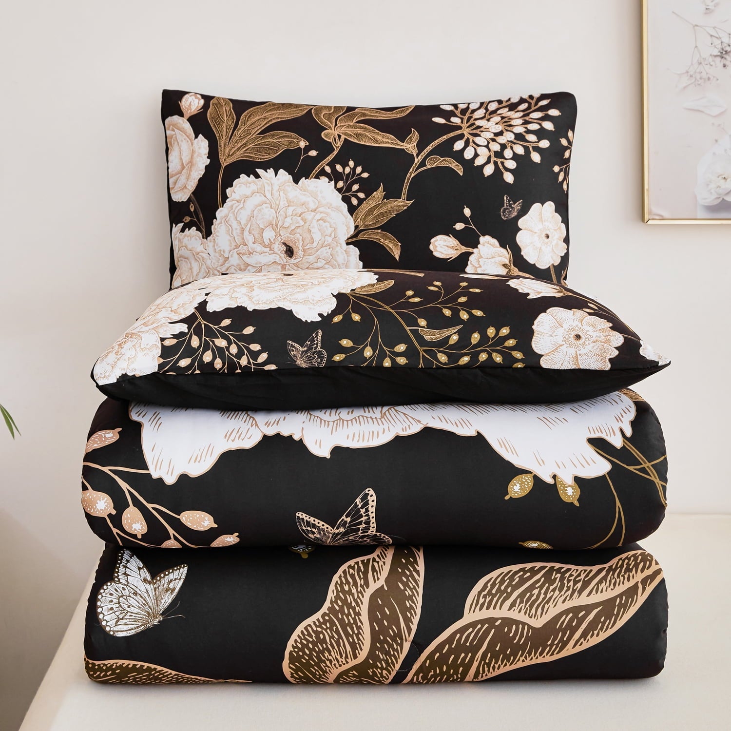 Black Floral Comforter Set Queen, Printed Comforter White Flowers Butterfly Bedding Set, 3 Pieces Botanical Reversibl... - Image 5