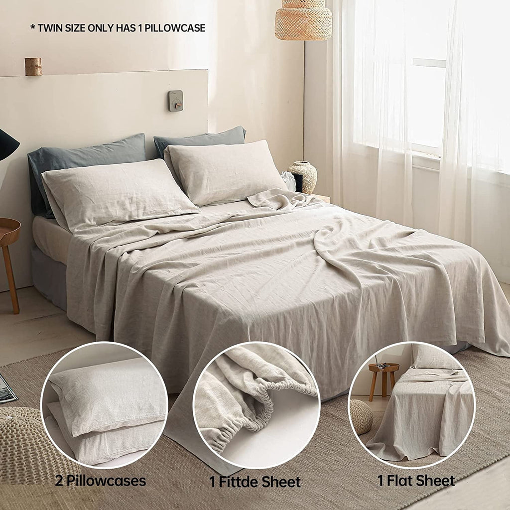 100% Linen Sheet Set Solid Color-4 Pcs Washed French Linen Bed Sheets(1 Flat Sheet,1 Fitted Sheet,2 Pillowcases)-Brea... - Image 5