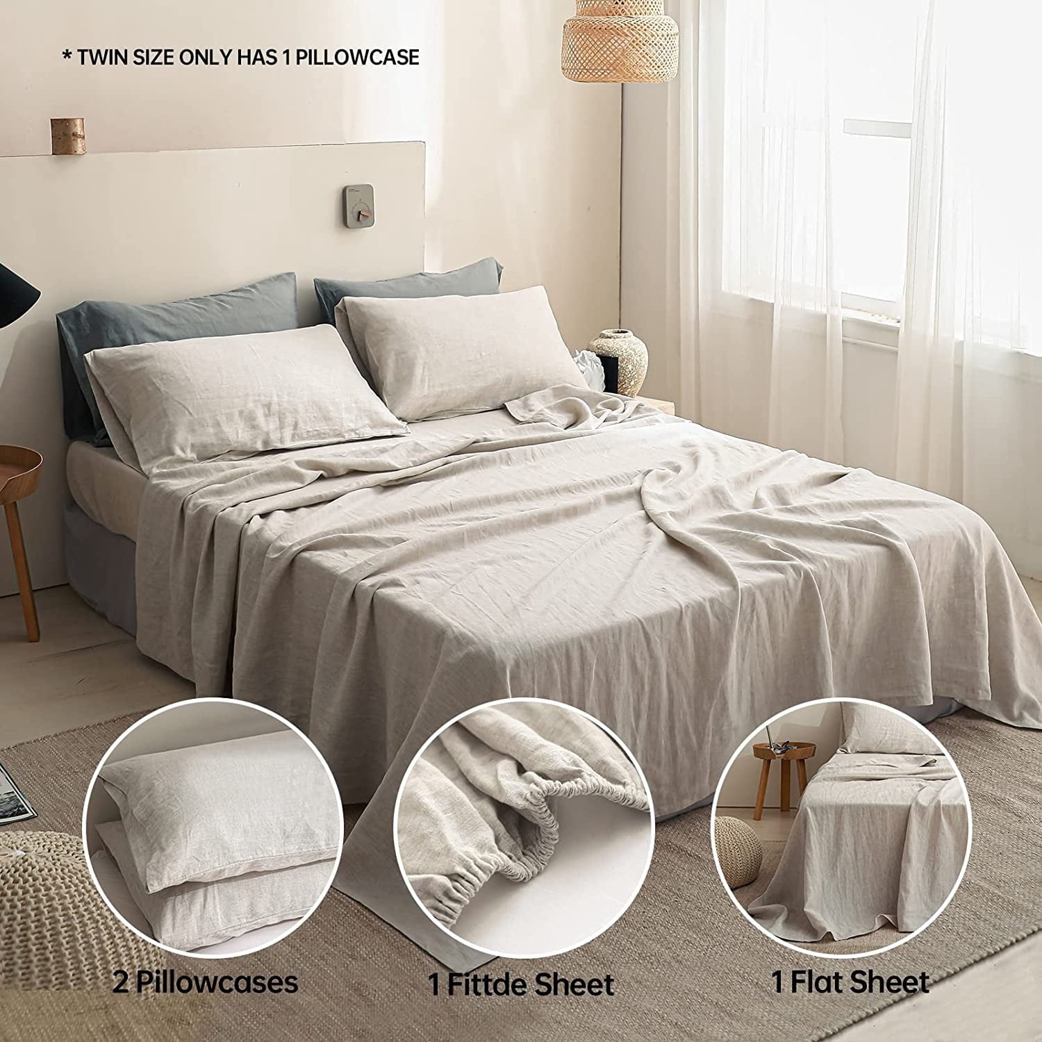 100% Linen Sheet Set Solid Color-4 Pcs Washed French Linen Bed Sheets(1 Flat Sheet,1 Fitted Sheet,2 Pillowcases)-Brea... - Image 5