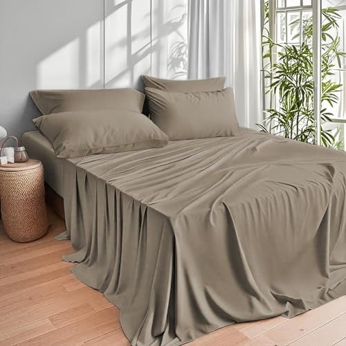Home 4-Piece Queen Bamboo Bed Sheet Set, 100% Organic Cooling Fabric, 16" Deep Pocket, Taupe - Image 3