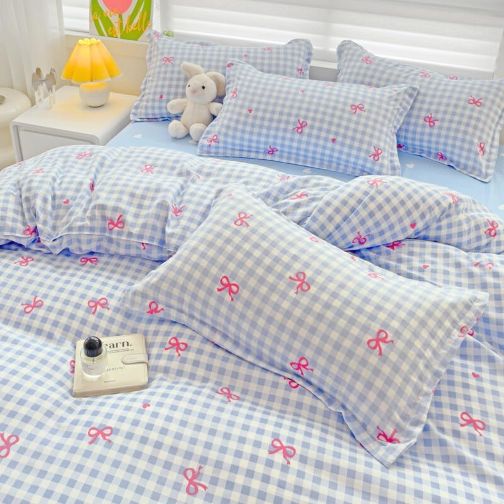 JOLUSERE 3-Piece Blue Plaid Pink Bows Comforter Full Set , Cute Soft Bedding Set for Kids Adults - Image 2