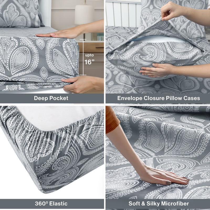 Lux Decor 4 Piece Queen Sheet Set, Brushed Microfiber Paisley Printed Bed Sheet Set with up to 16" Deep Pocket Fitted Sheet, Flat Sheet & 2 - Image 4