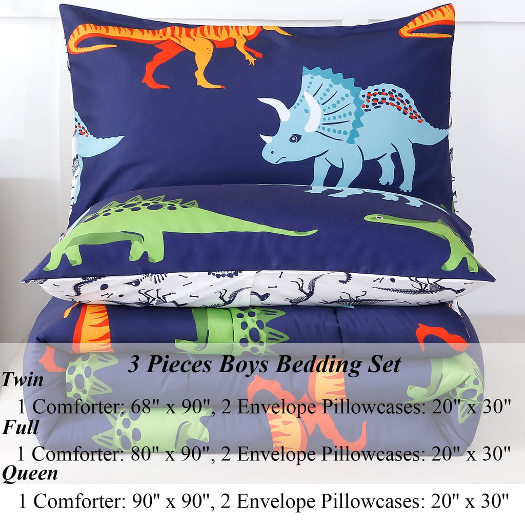3 Pcs Dinosaur Twin Size Bedding Sets for Boys, Dinosaur Printing Boys Comforter Set, Blue and White Reversible Bed C... - Image 4