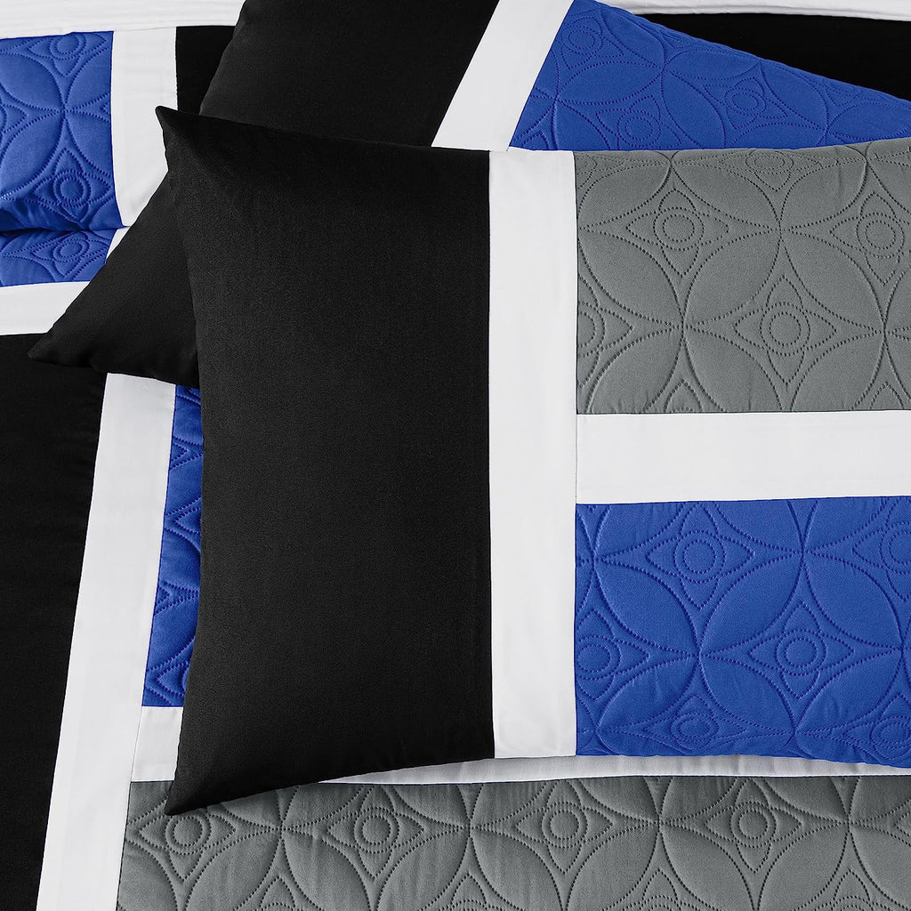 Chezmoi Collection Bernard 7-Piece Full Bed in a Bag Comforter Set with Sheets, Lightweight Comforter Blue Black Gray Patchwork Quilted Meda - Image 3