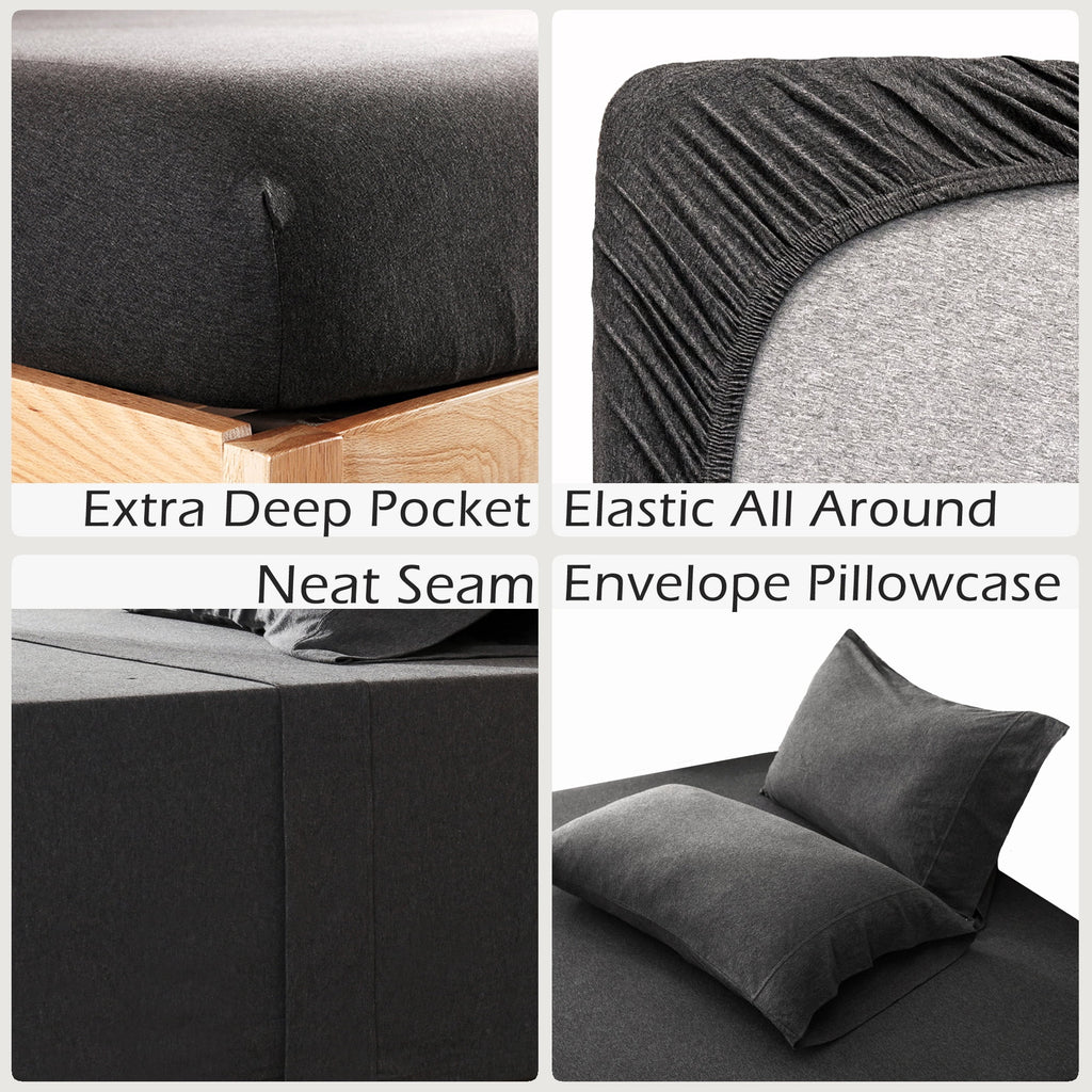 100% Cotton Jersey Knit 4pc Bed Sheet Set Extra Deep Pocket up to 20" Charcoal Gray Queen - Image 2