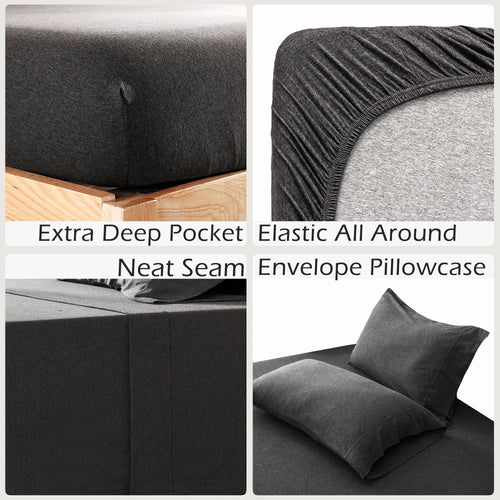 100% Cotton Jersey Knit 4pc Bed Sheet Set Extra Deep Pocket up to 20" Charcoal Gray Queen - Image 2