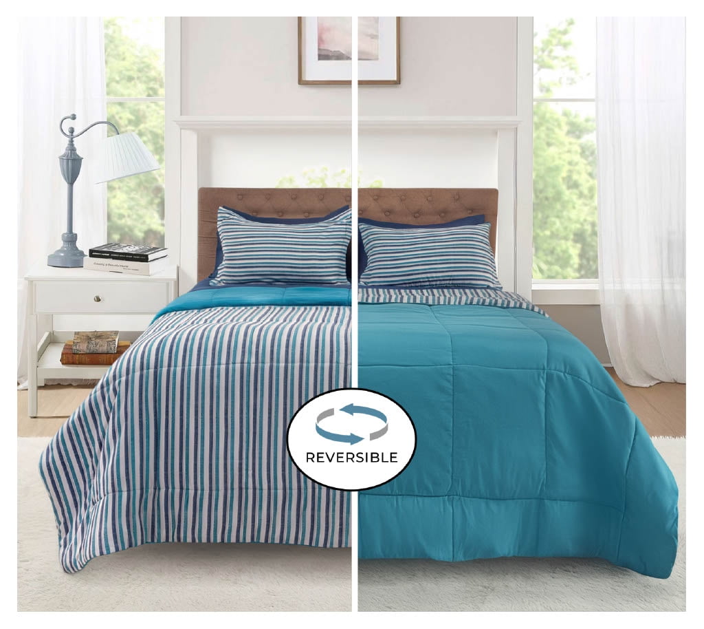 Mainstays All in One Reversible Comforter and Sheet Set- 7 Piece, Queen, Blue Pinstripe - Image 3