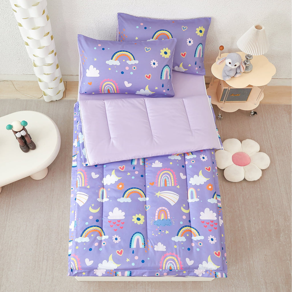 Zipper Kids Comforter Set, 3-Piece Purple Twin Bed in a Bag, Cartoon Rainbow Stars Flowers Printed Zip Up Comforter S... - Image 3