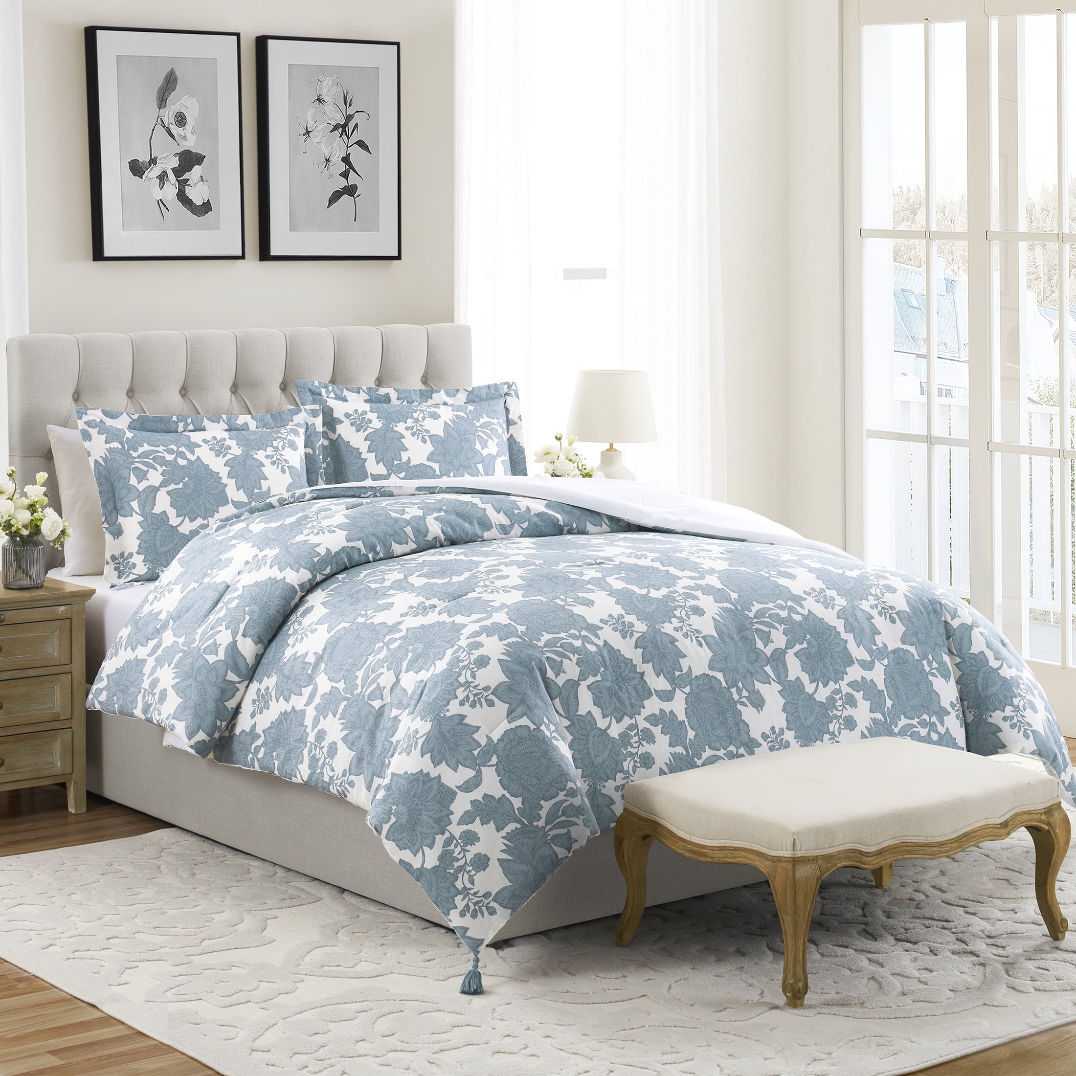 My Texas House Veronica 3-Piece Blue Floral Cotton Slub Comforter Set, King - Image 2