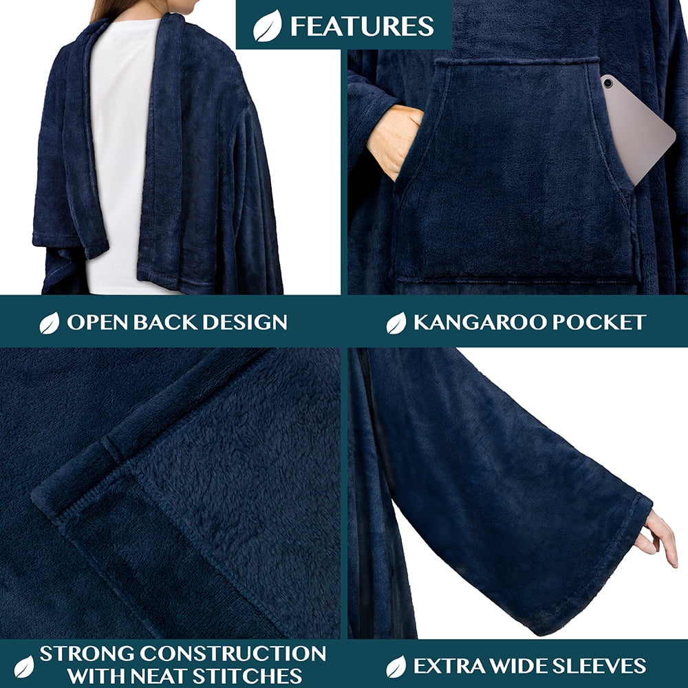 Navy Blue Fleece Wearable Blanket with Sleeves for Adults Women Men, Soft Warm Full Body Wrap Throw, Sweatshirt Pocke... - Image 3