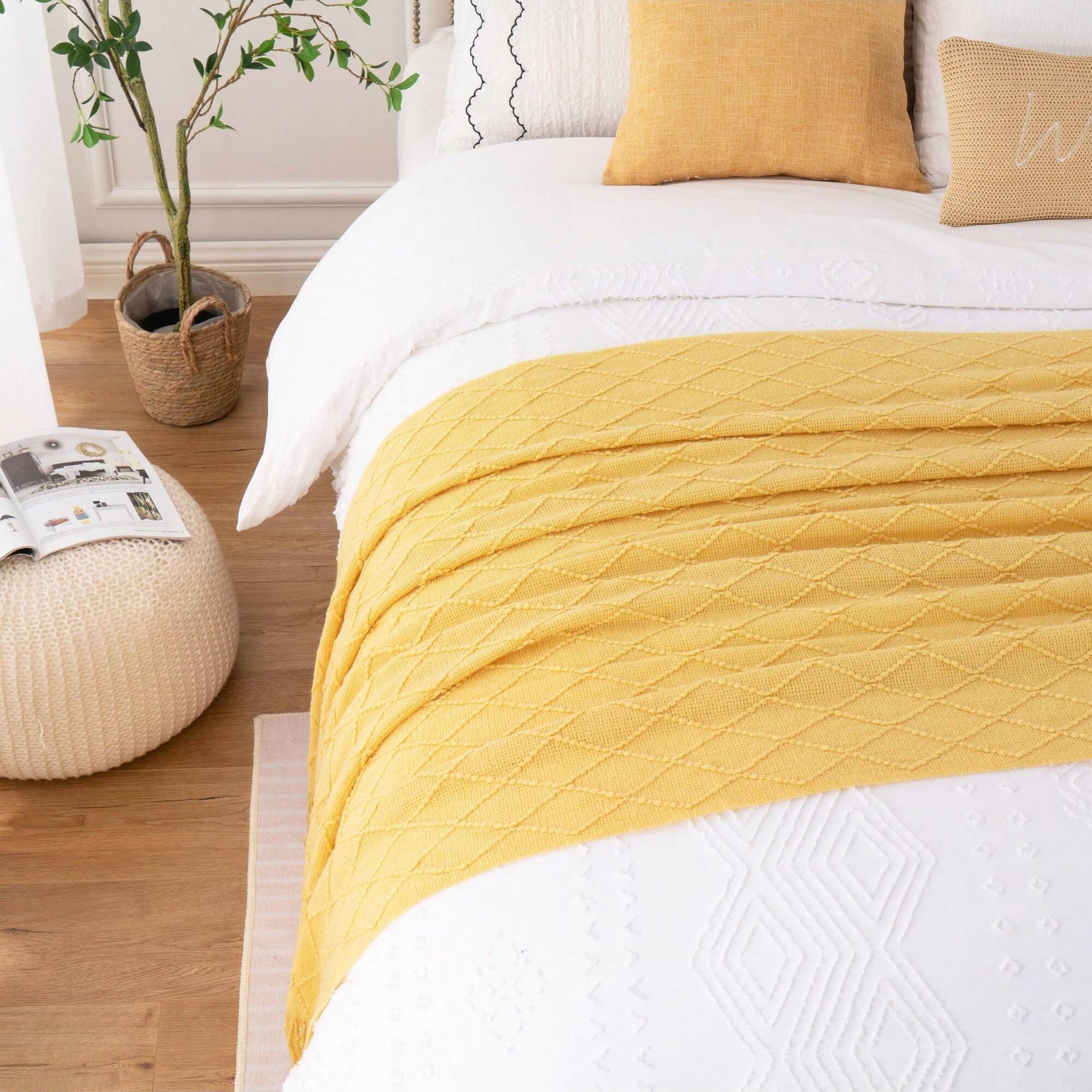 Mustard Throw Blanket for Couch,Gold Yellow Knit Throw with Fringe,Outdoor Throw ,50"x60" - Image 3
