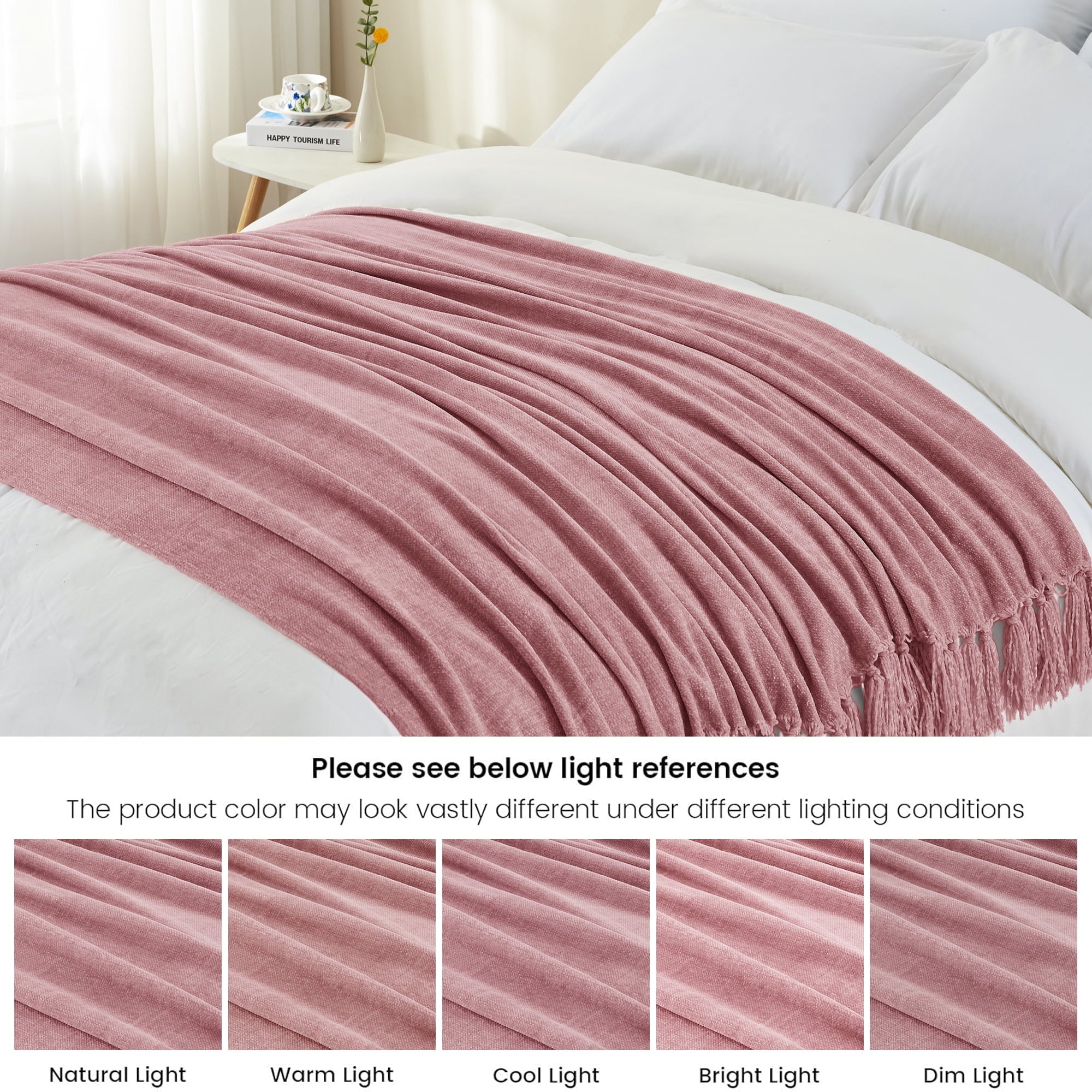 Chenille Throw Blanket with Fringe Tassel for Couch Sofa Chair Bed, Mauve 50" X 70" - Image 6