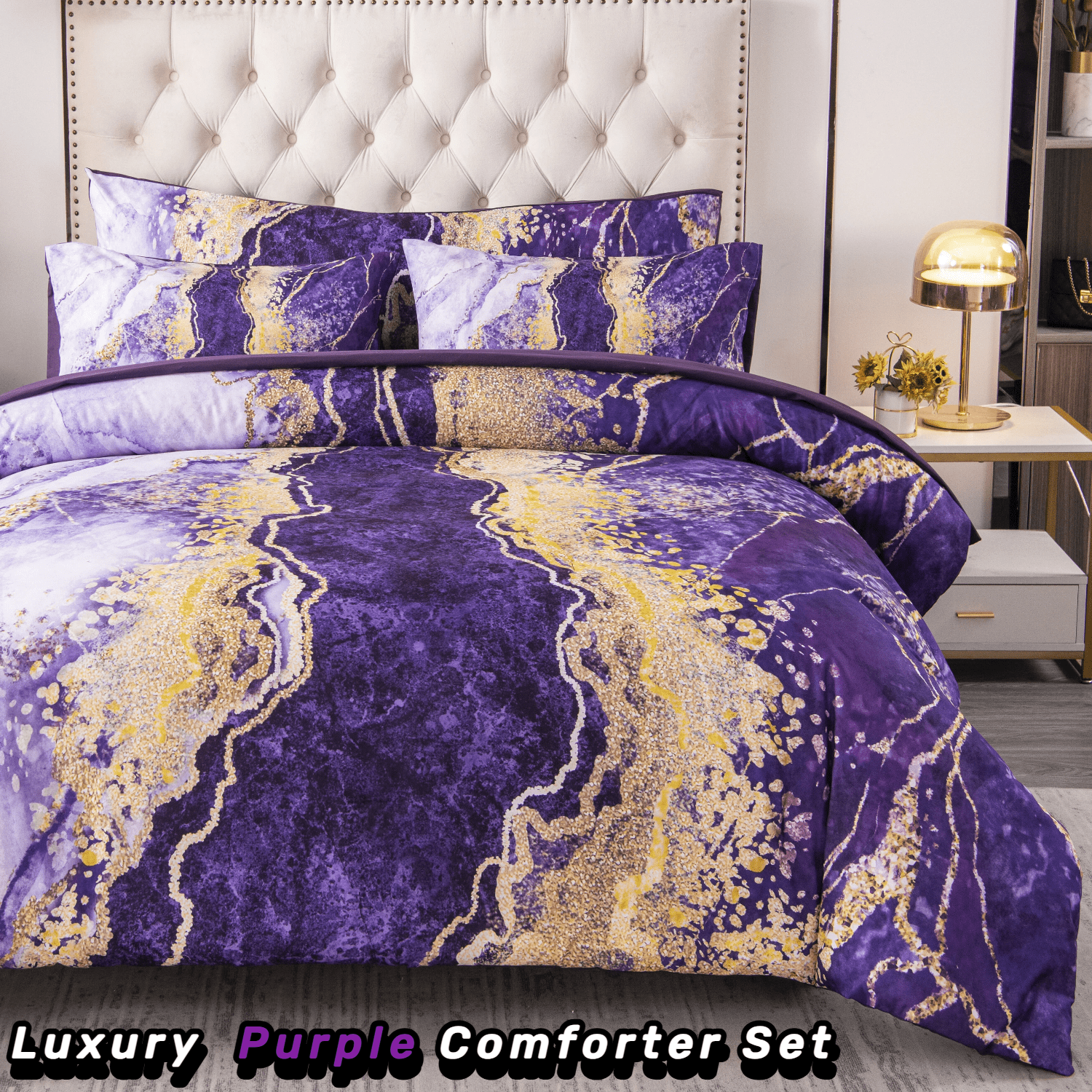 PERFEMET 6 Pieces Queen Size Comforter Set Purple,Watercolor Marble Colorful Purple Bedding,Ultra Soft Purple Bed Set with Comforter and She - Image 3
