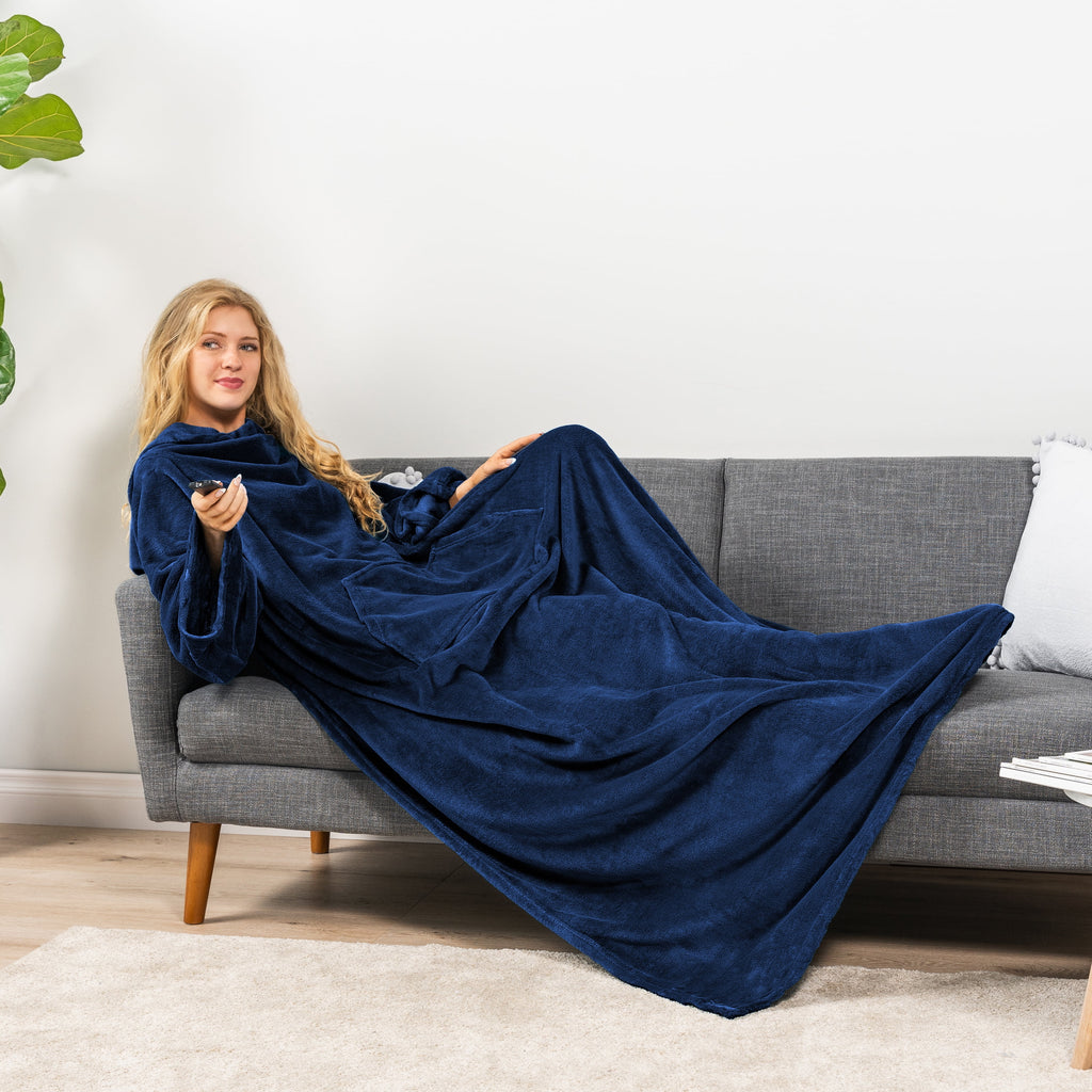 Navy Blue Fleece Wearable Blanket with Sleeves for Adults Women Men, Soft Warm Full Body Wrap Throw, Sweatshirt Pocke... - Image 5