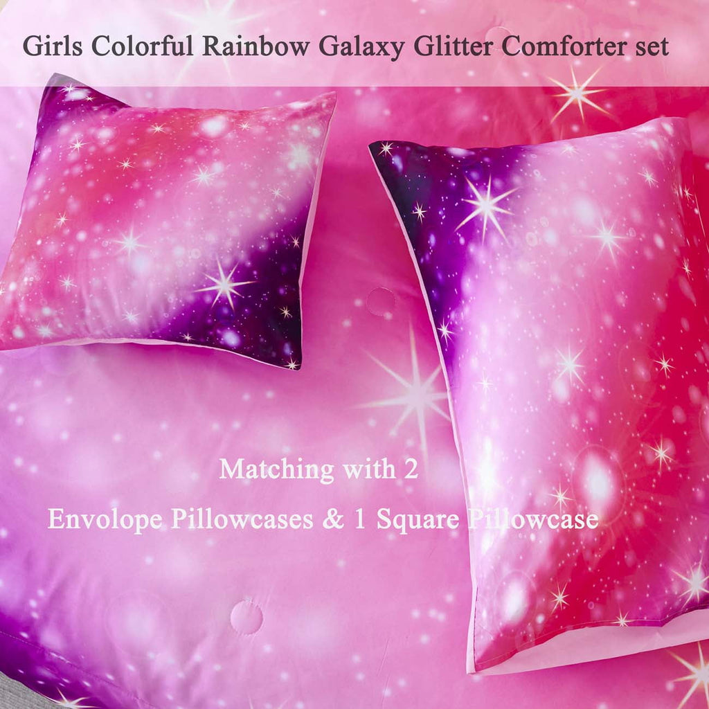 4Pcs Rainbow Twin Size Comforter Set for Girls, Pink Purple Gradient Glitter Kids Bedding Sets, Soft Galaxy Girls Bed... - Image 2