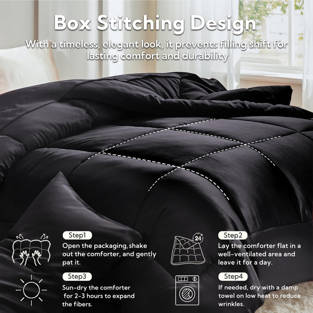 Reversible Satin Microfiber Comforter 3 Pieces Queen Size, Black Queen Comforter Set for All Seasons, Silky Soft Sati... - Image 5