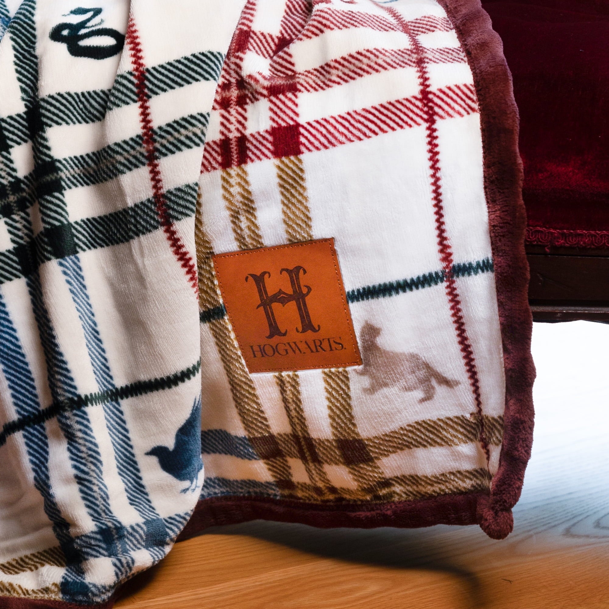 Academic Plaid Tartan Crest with Faux Leather Patch and Milky Mink Reverse Throw, 60x70 inches - Image 4