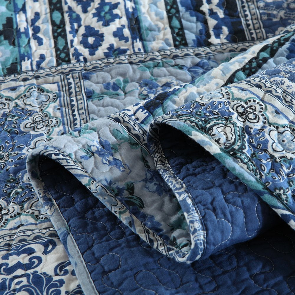 WannaToo Quilt Comforter Cotton Bedding Set With Shams, Vintage Blue, King - Image 5