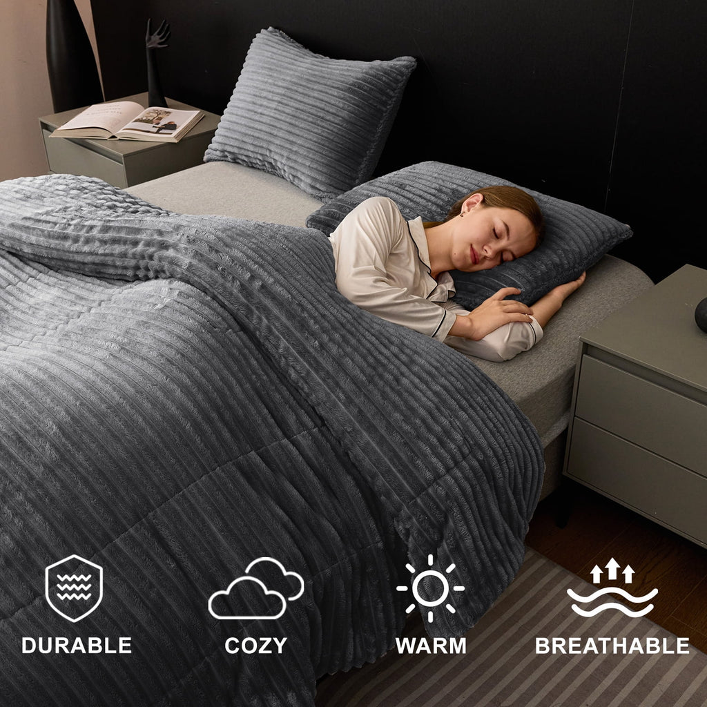 Jessy Home 3 Piece Fleece Queen Comforter Set - Soft & Warm Fluffy Dark Gray Sherpa Bedding , Fuzzy Heavy Double Sided Design Winter Comfort - Image 5