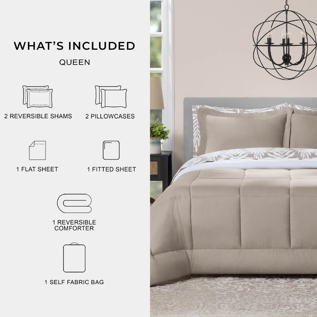 All in One Reversible Comforter and Sheet Set- 7 Piece, Queen, Beige Palm - Image 3
