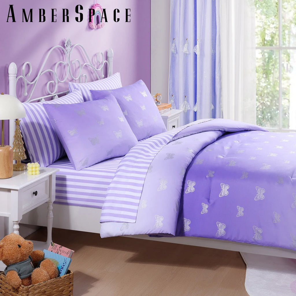 gold foil Design 7-piece Bed in a Bag Comforter Set with Sheets,Purple/Silver Butterflies,Full - Image 3