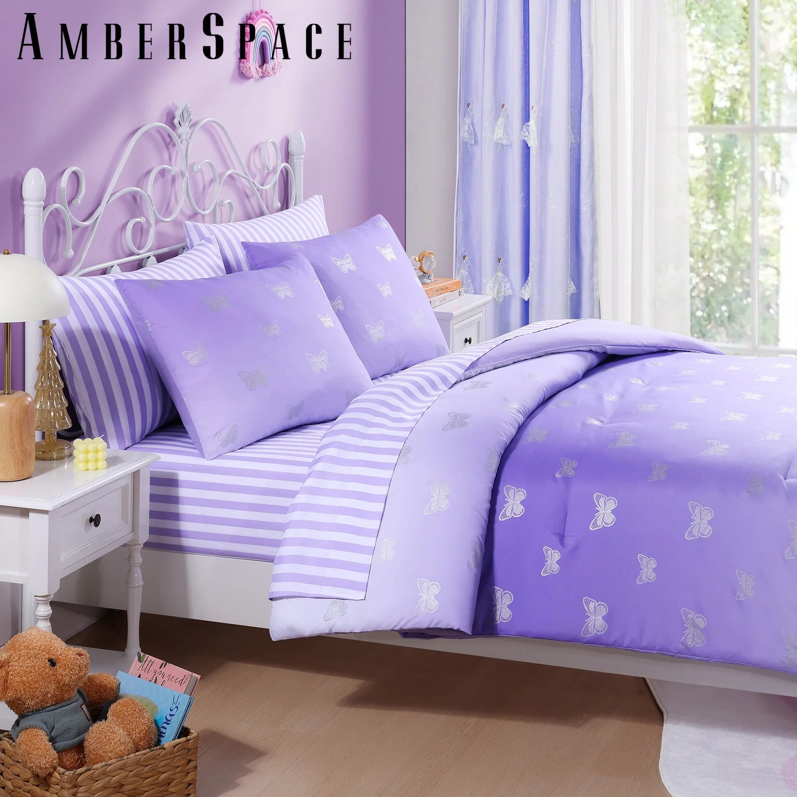 gold foil Design 7-piece Bed in a Bag Comforter Set with Sheets,Purple/Silver Butterflies,Full - Image 3