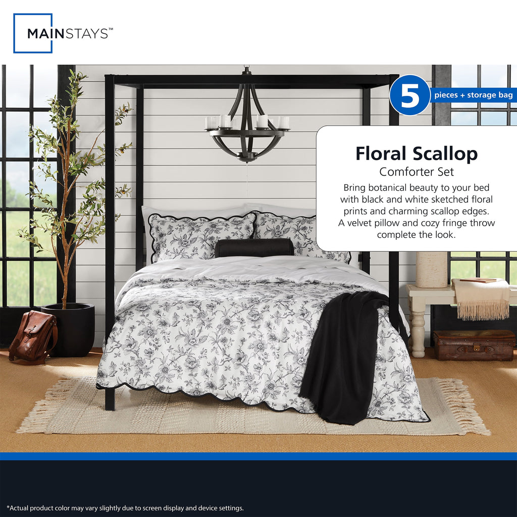 Mainstays Floral Scallop 4-Piece White/Black Comforter Set, Twin/Twin XL - Image 6