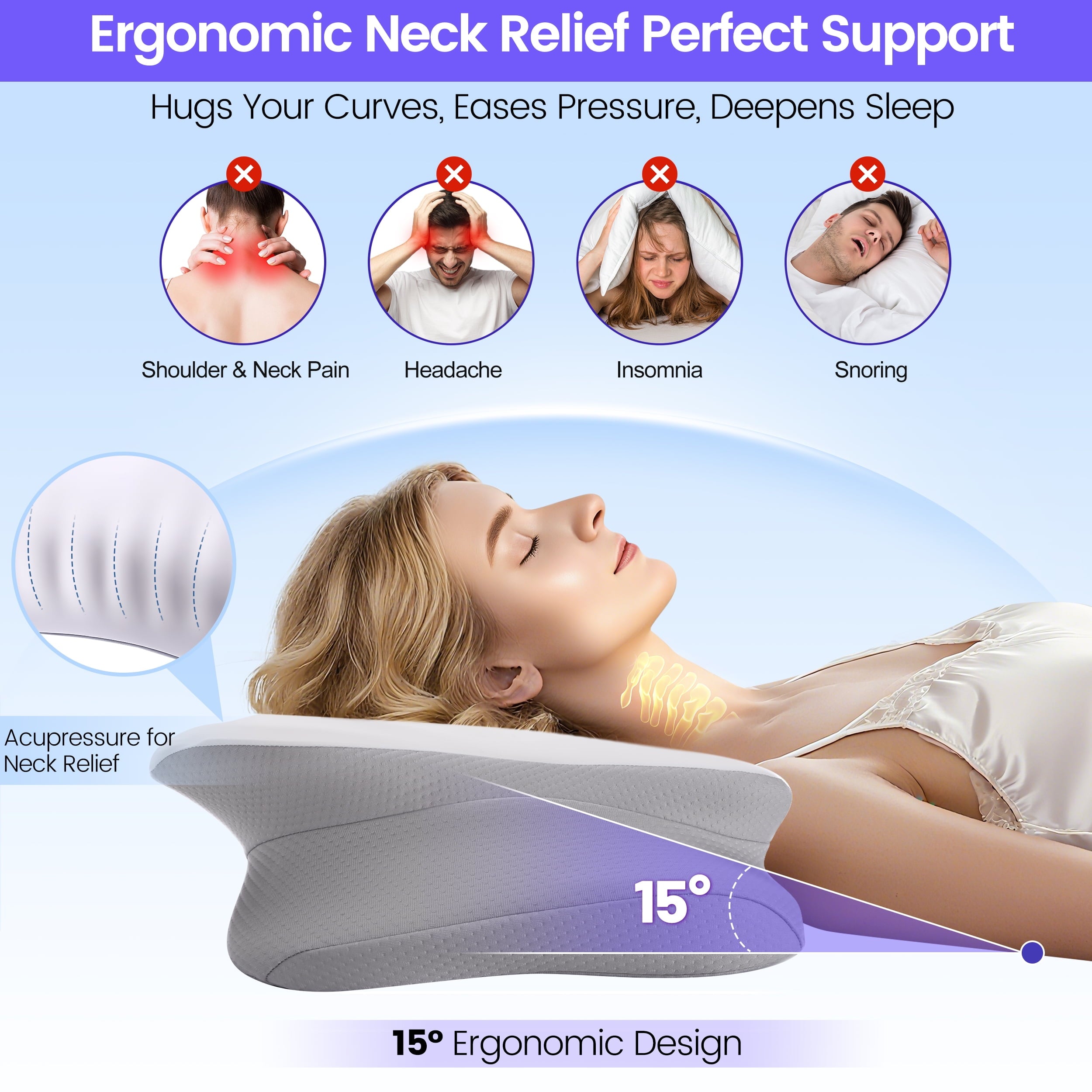Ergonomic Cervical Pillows，Memory Foam Bed Pillow for Neck & Shoulder Pain Relief for Side Back Stomach Sleepers White - Image 6