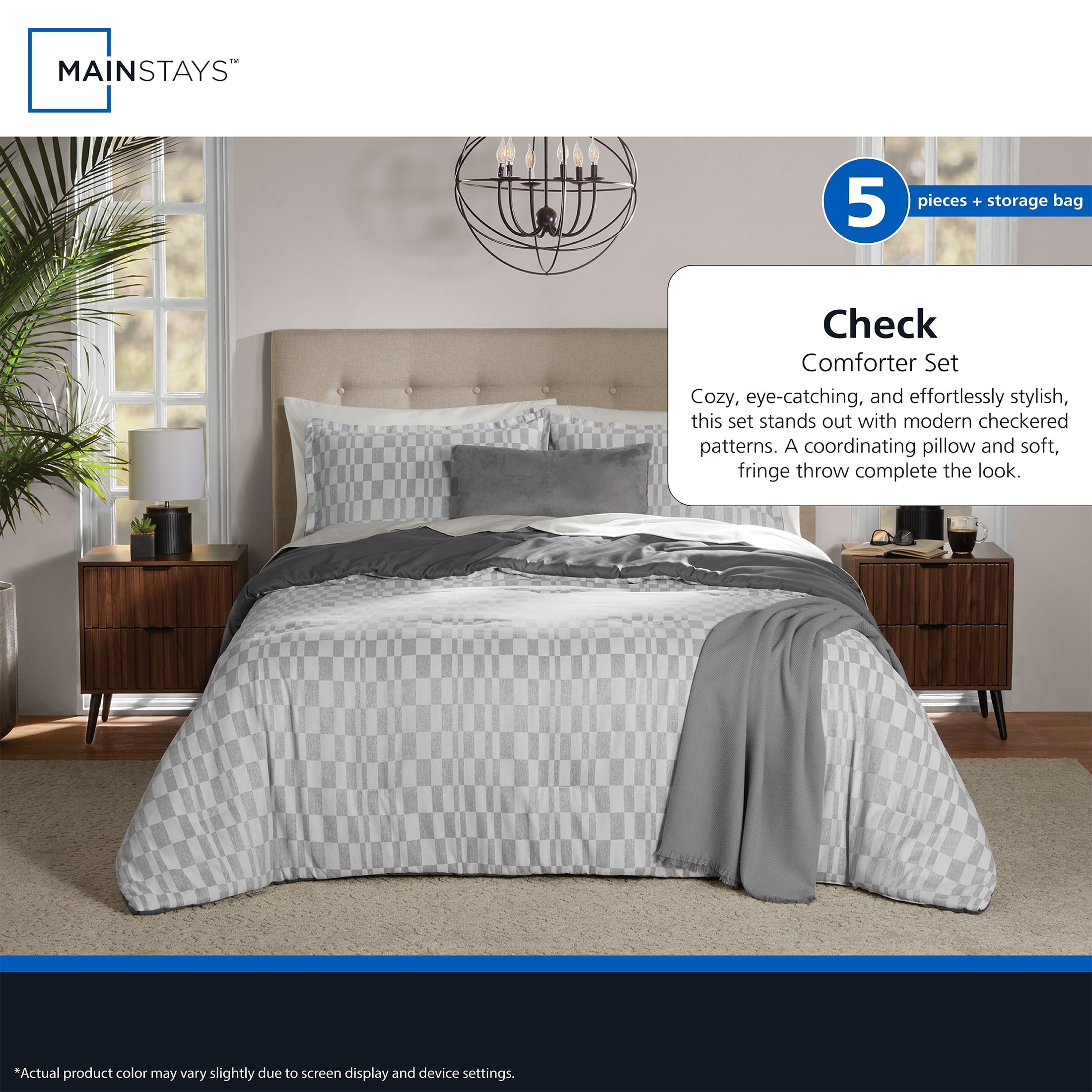 Full/Queen Comforter Set, All-Season, 5-Piece, Soft Silver Check - Image 6