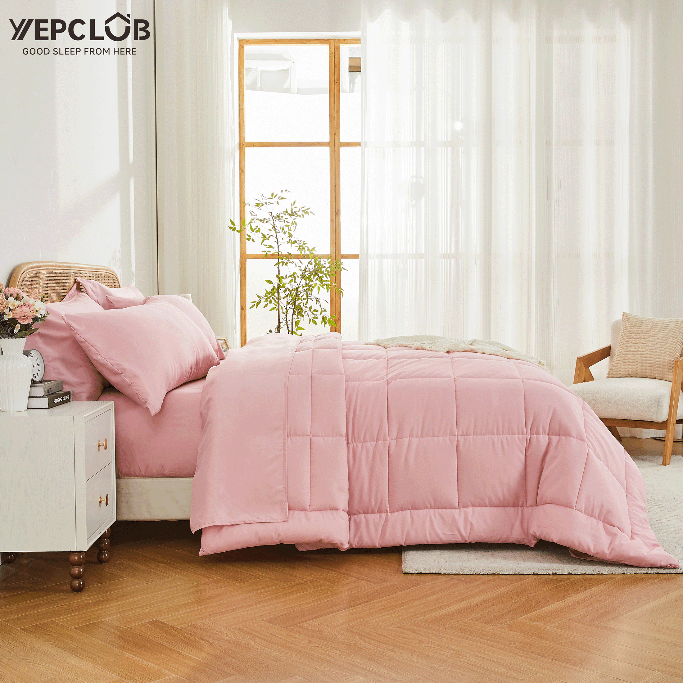 7-Piece Queen Size Comforter Set,Pink Reversible Bed in a Bag,All Season Solid Bedding Set with Sheets,Pillowcases & ... - Image 5