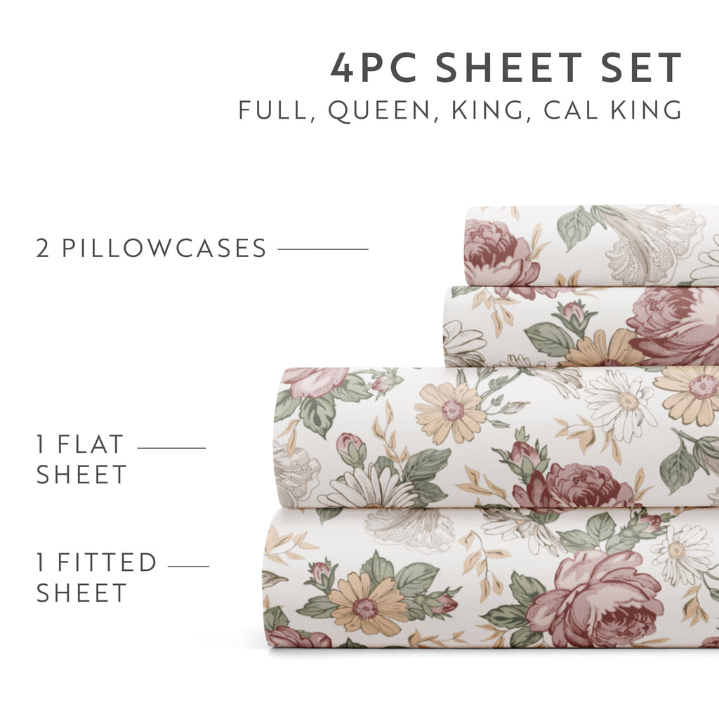 4 Piece Pattern Microfiber Bed Sheets Set, Blooming Floral Rose, Queen - Image 6