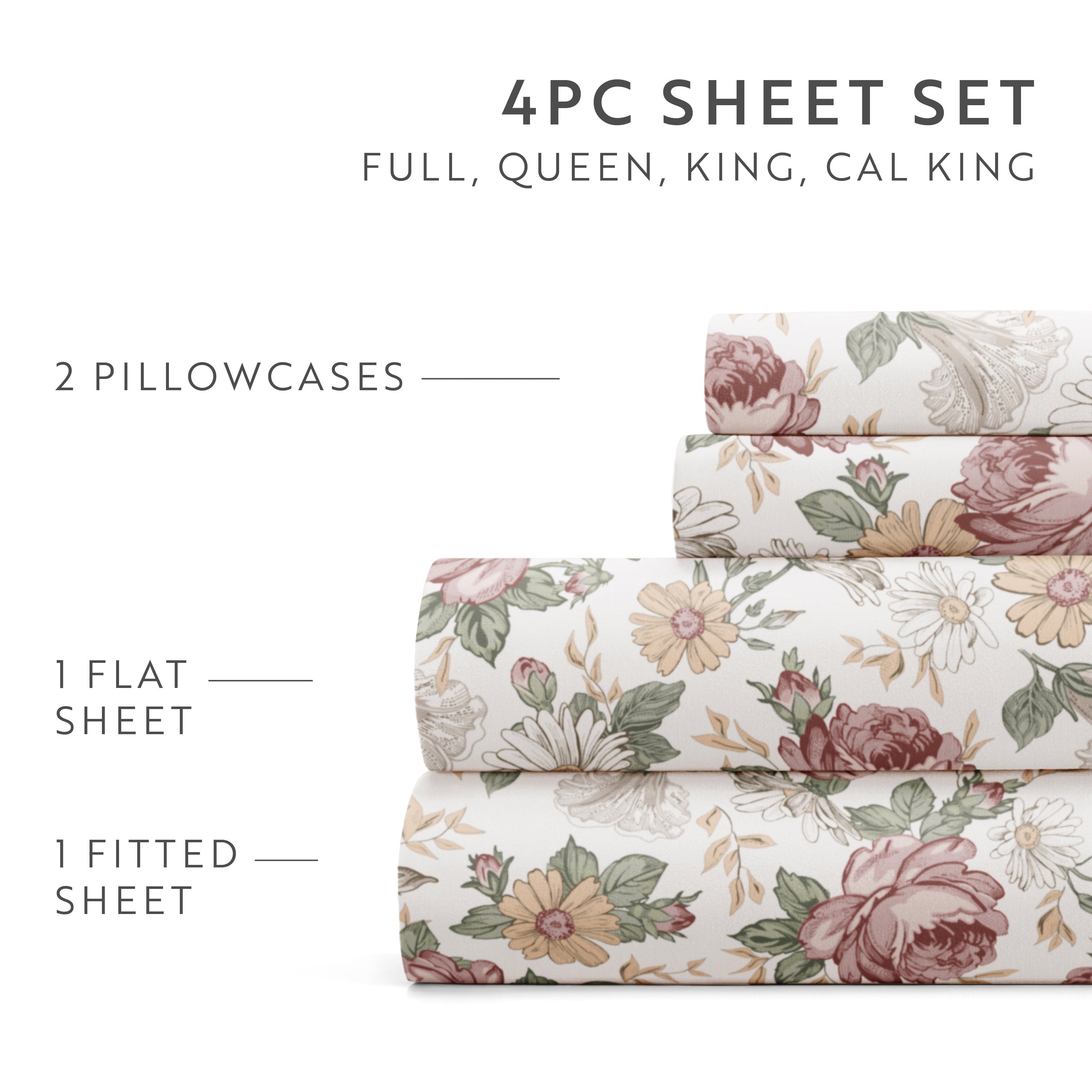 4 Piece Pattern Microfiber Bed Sheets Set, Blooming Floral Rose, Queen - Image 6
