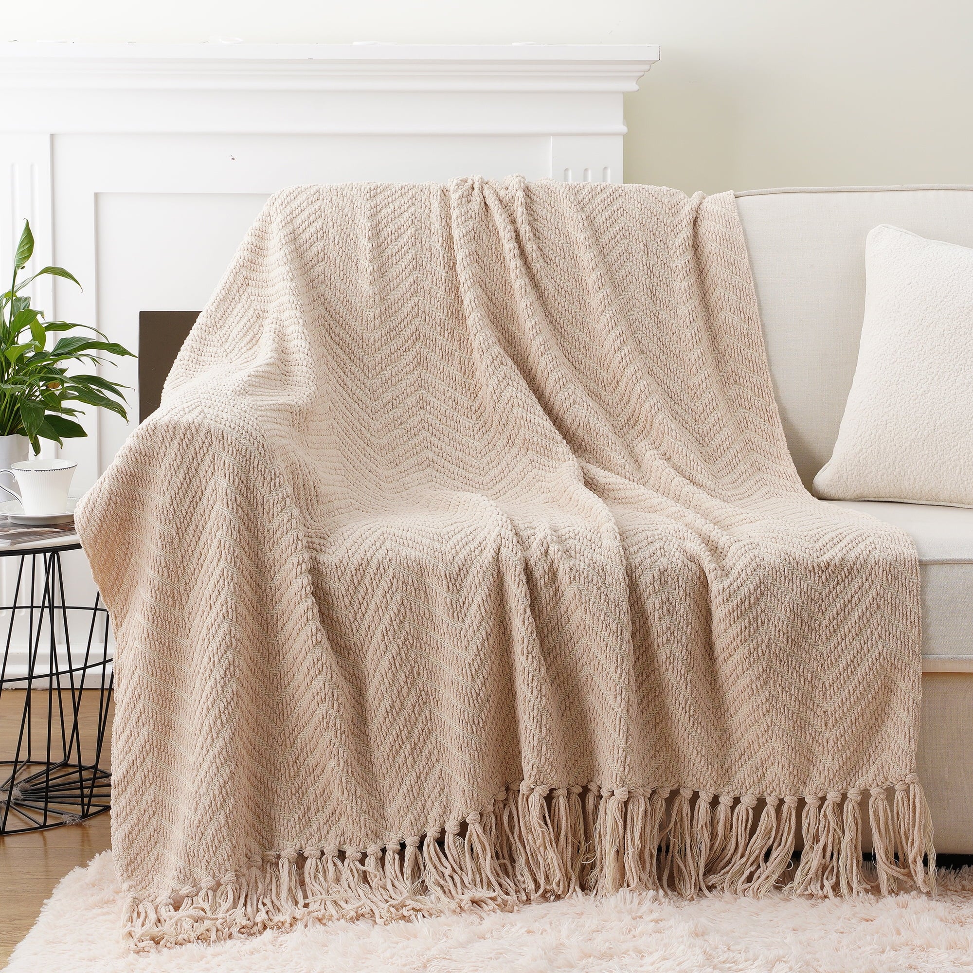 Beige Throw Blanket,Textured Knitted Tan Throws with Tassels,Neutral Sofa Bed Throws,50"x60" - Image 2