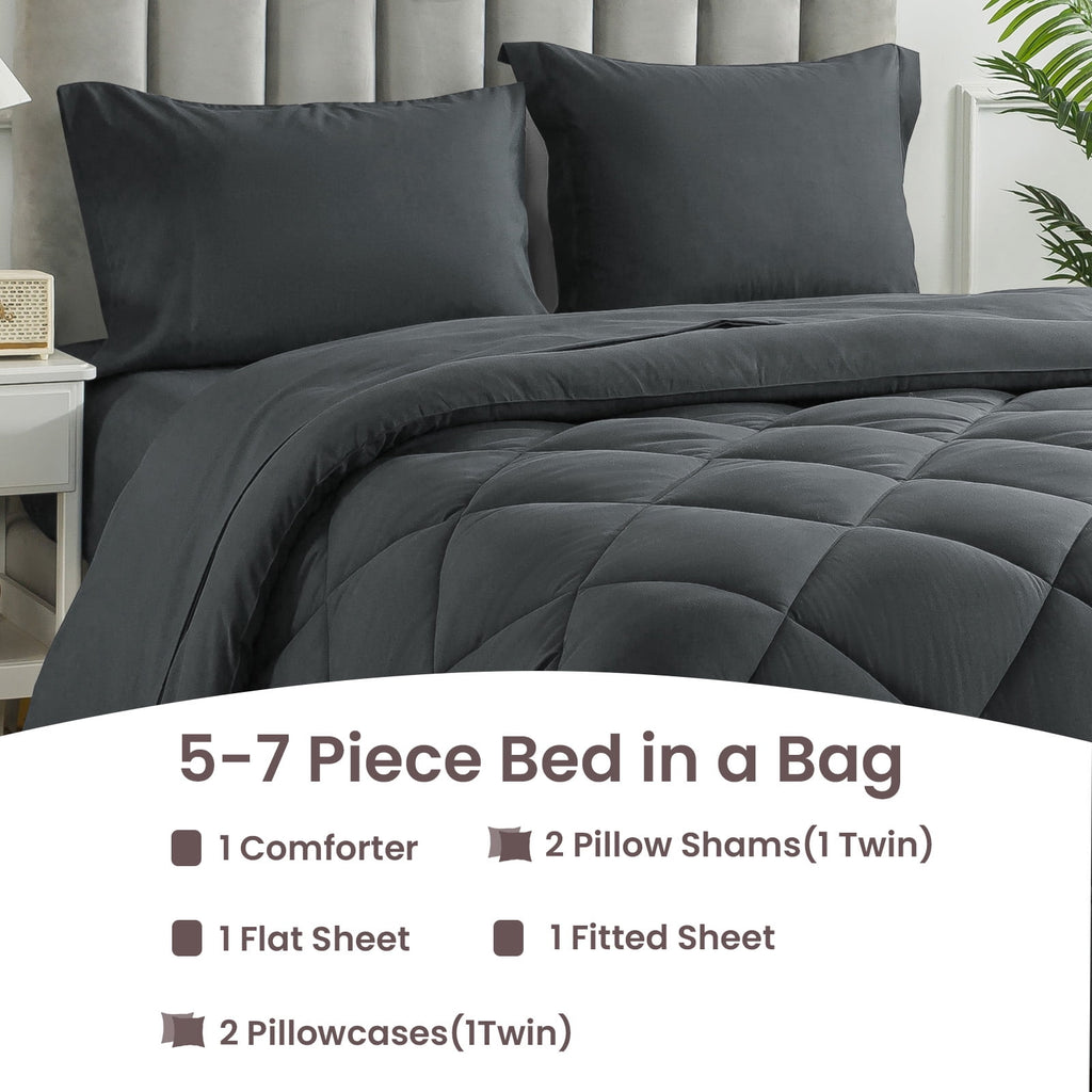 Queen Bed in a Bag Comforter Set with 7 Pieces - Dark Gray All Season Bedding Sets with Comforter, Pillow Shams, Flat... - Image 5